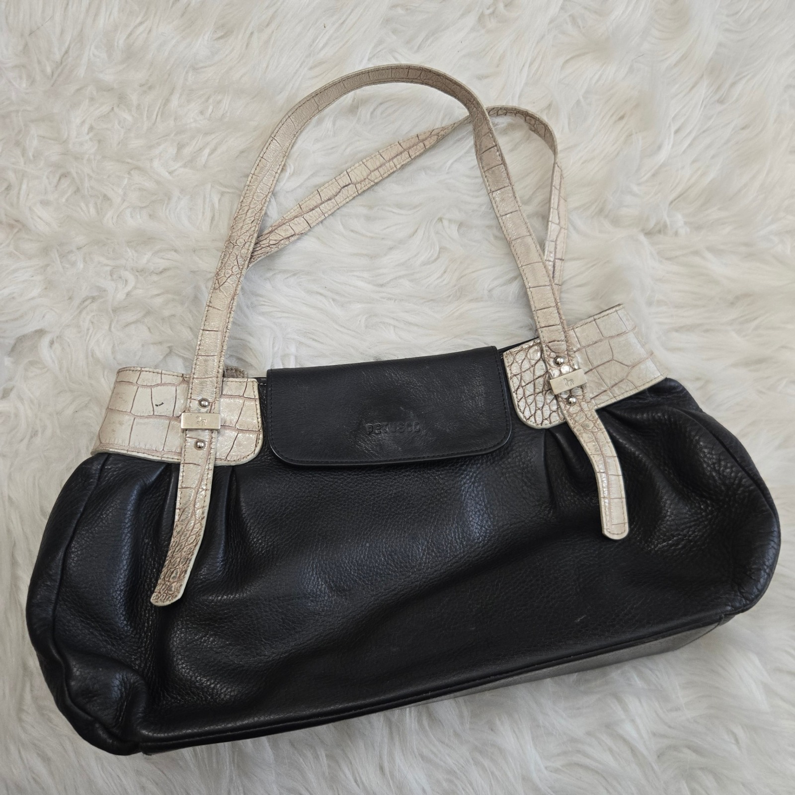 Petusco Spain Black Pebbled Leather Shoulder Bag Cream Croc Trim Made In Spain